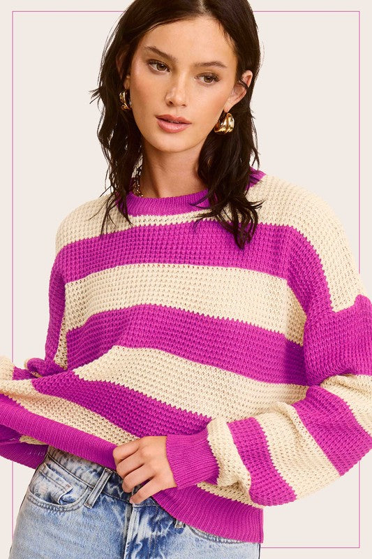 Striped Round Neck Loose Fit Sweater