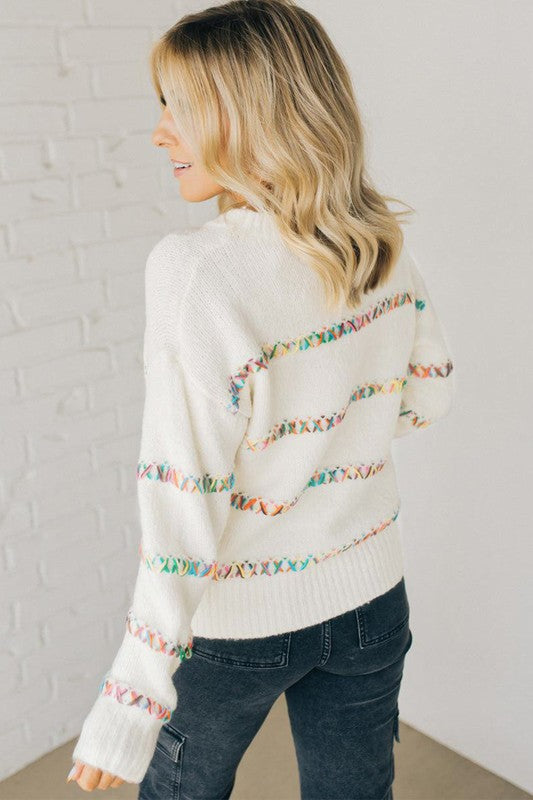 White Crossed Stitch Drop Shoulder Sweater