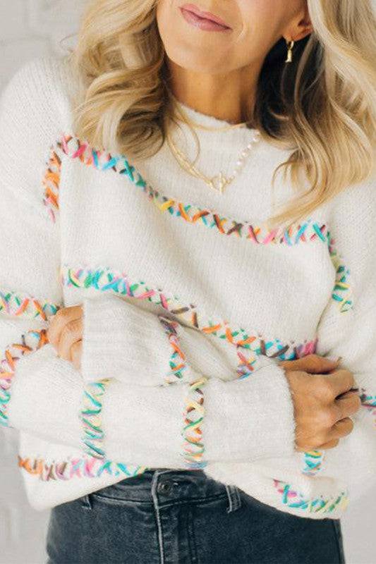 White Crossed Stitch Drop Shoulder Sweater