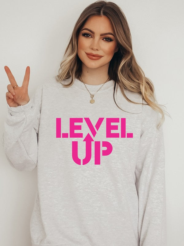 Pink Ink Level Up Graphic Crew Sweatshirt