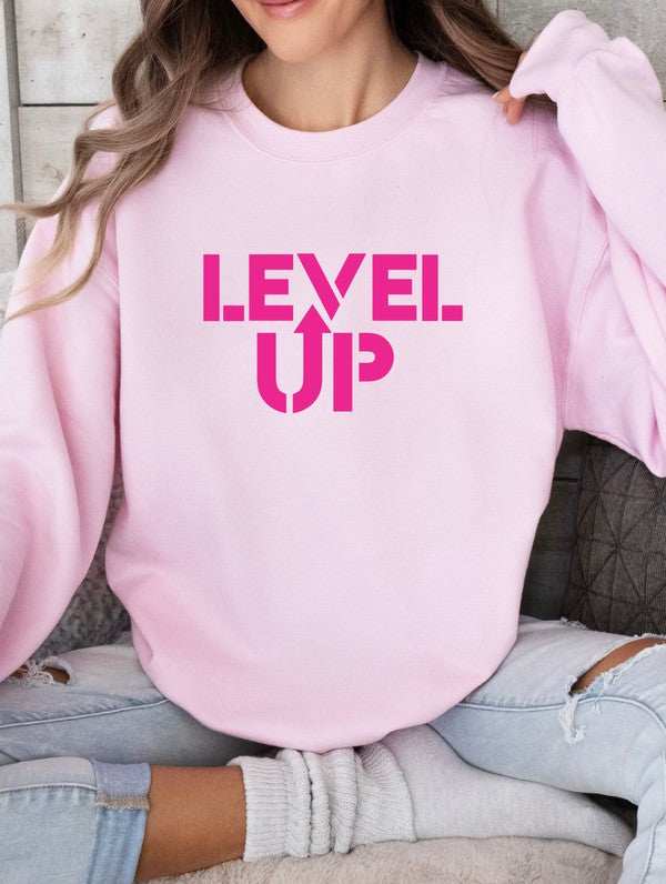 Pink Ink Level Up Graphic Crew Sweatshirt