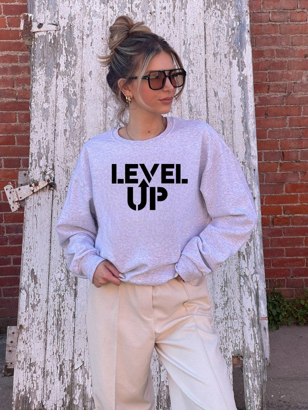 Black Print Level Up Graphic Crew Sweatshirt