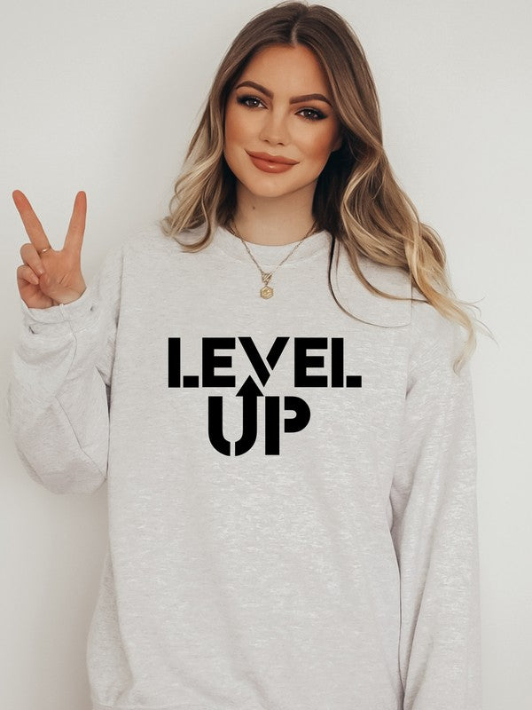 Black Print Level Up Graphic Crew Sweatshirt