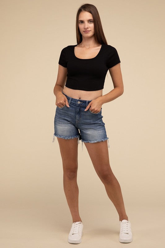 MID RISE RAW FRAYED HEM DENIM SHORTS