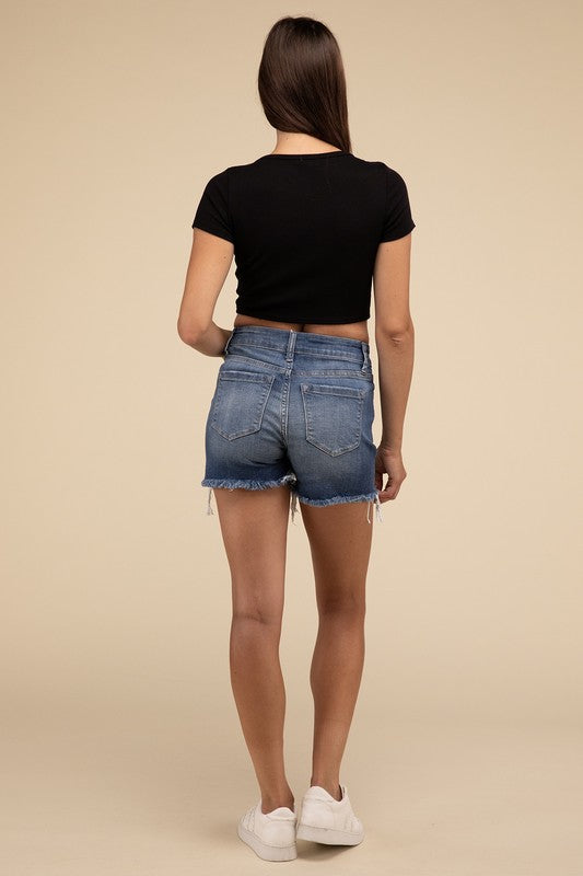 MID RISE RAW FRAYED HEM DENIM SHORTS