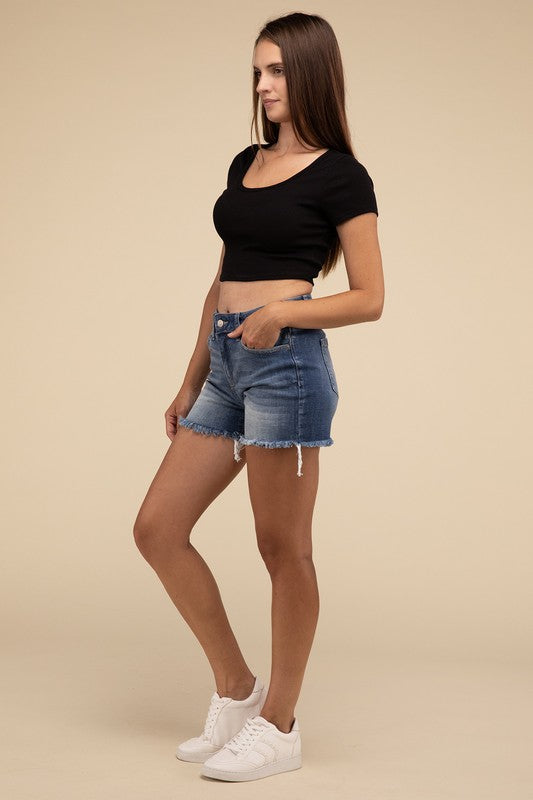 MID RISE RAW FRAYED HEM DENIM SHORTS