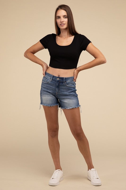 MID RISE RAW FRAYED HEM DENIM SHORTS